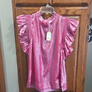Jodiful Shimmery Hot Pink Ruffle Sleeve Blouse